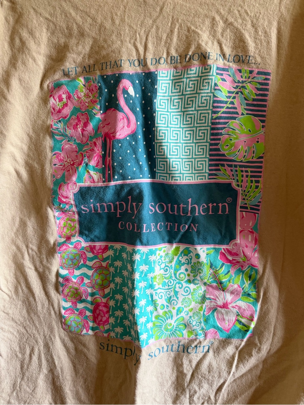 Simply Southern women’s Teal & Pink Tropical Patchwork design tshirt XL